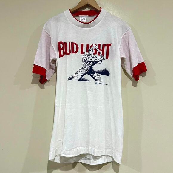 Vintage 1991 Bud Light Baseball Double Sleeved Tee Shirt - Picture 1 of 5